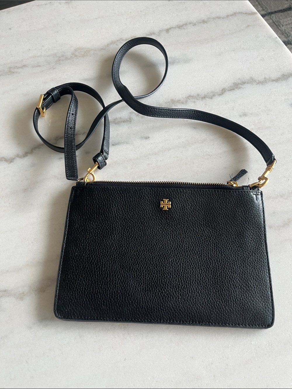 Tory Burch Black Pebbled Leather Crossbody with Gold Hardware